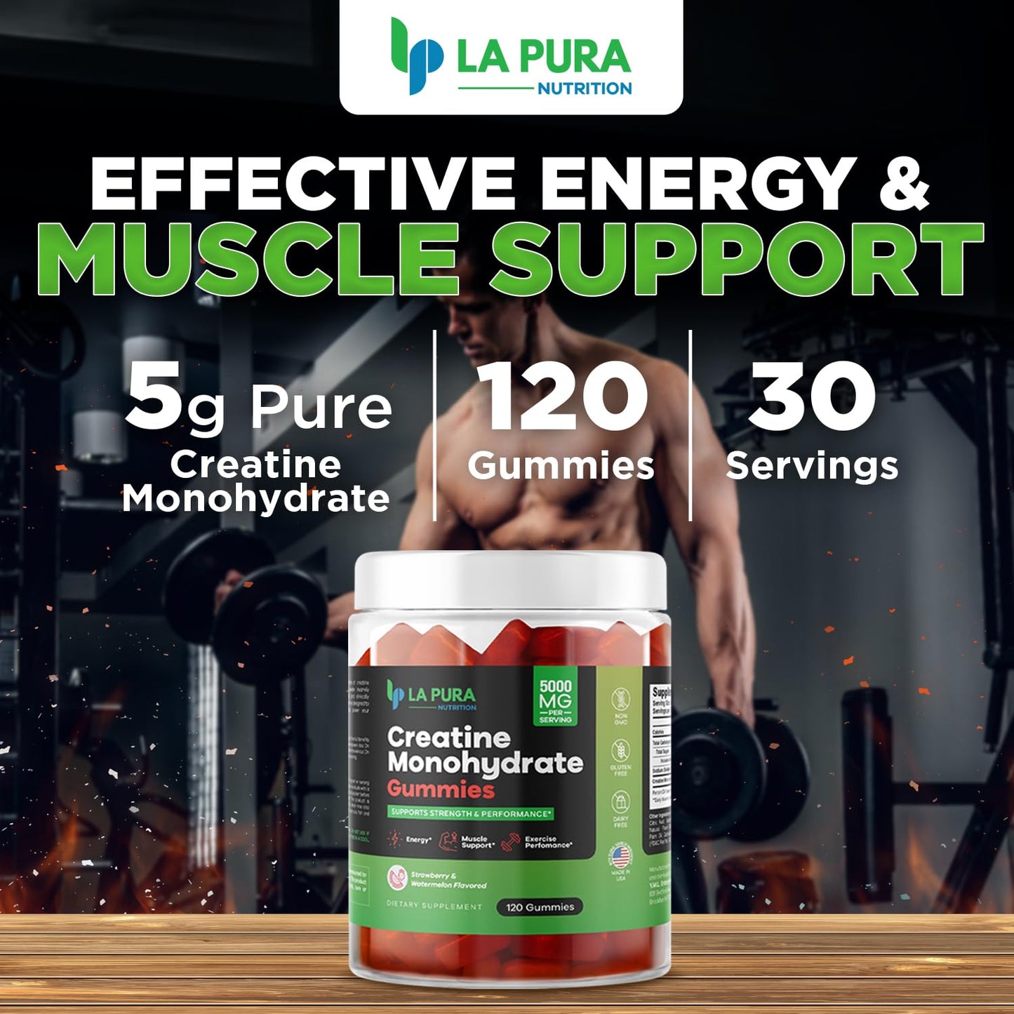 LaPura Creatine Monohydrate Gummies for Men & Women, 5000mg Pure Creatine Monohydrate per Serving - Energy, Muscle & Exercise Performance Support - 120 Gummies - Strawberry & Watermelon Flavor