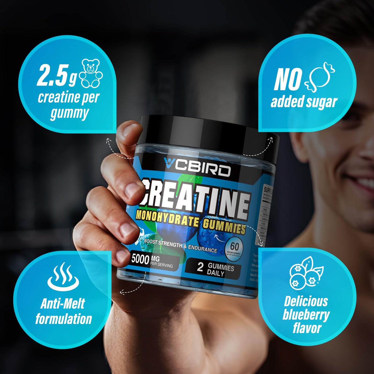 VCBIRD Creatine Monohydrate 5g Per Serving, No Sugar Creatine Supplements Support for Strength, Performance, Energy, Recovery, Gluten-Free Creatine for Women and Men (60 Gummies)