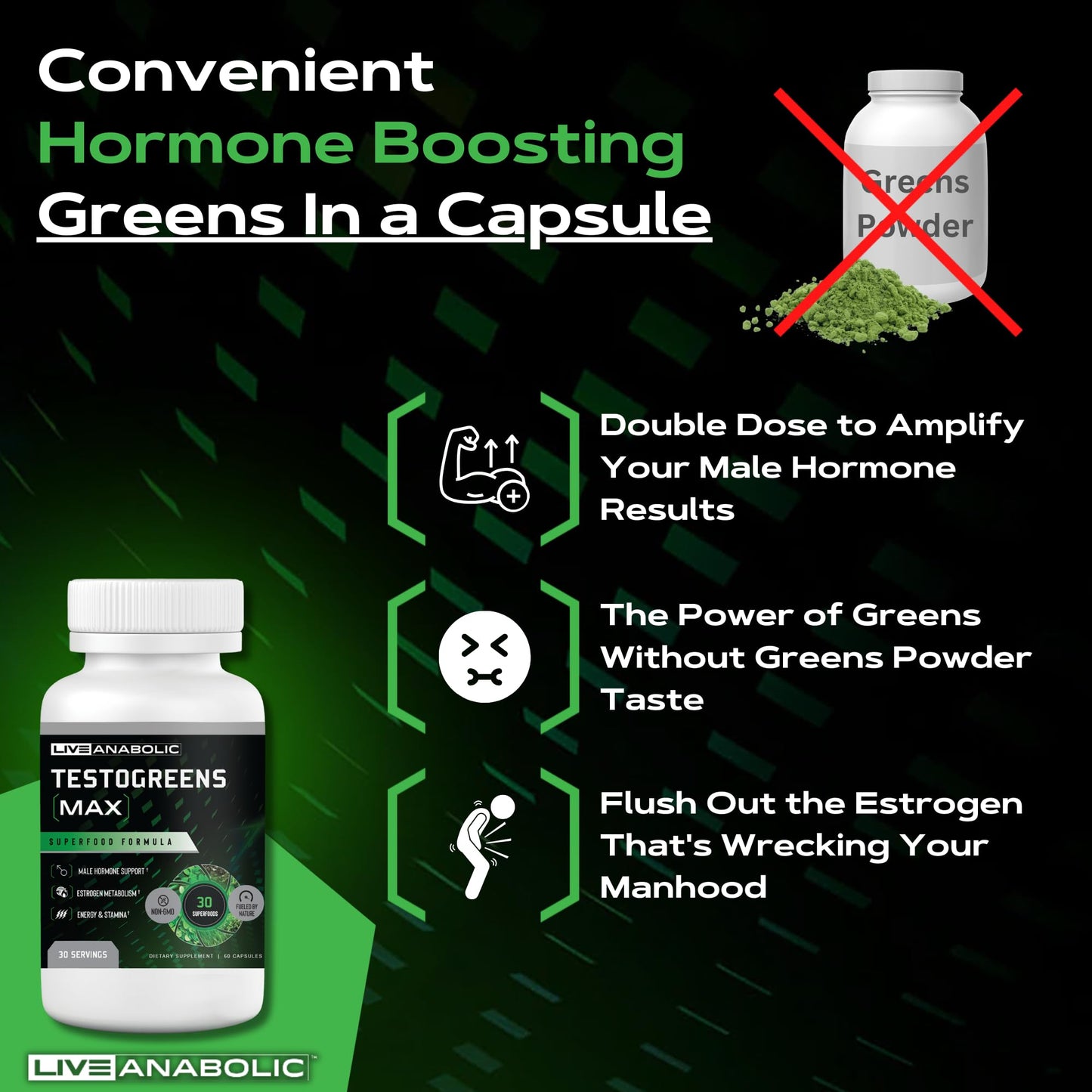 Live Anabolic - TestoGreens Max - Men’s Daily Greens Capsule Supplement, Natural Male Hormone Support, Enhanced Energy & Stamina