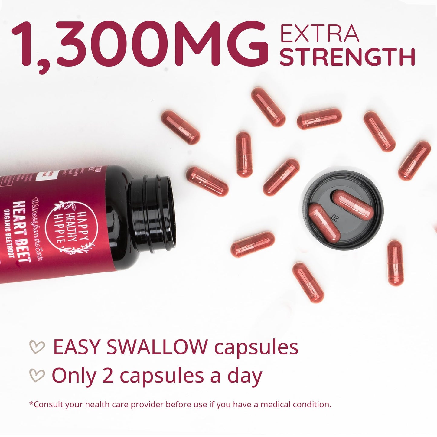 Organic Beet Root Capsules [1,300mg Superfood] - Blood Pressure Support, Nitric Oxide Supplements for Men & Women, Flow & Circulation | Beetroot Powder, Antioxidant, Brain Food | Vegan, 60 Ct