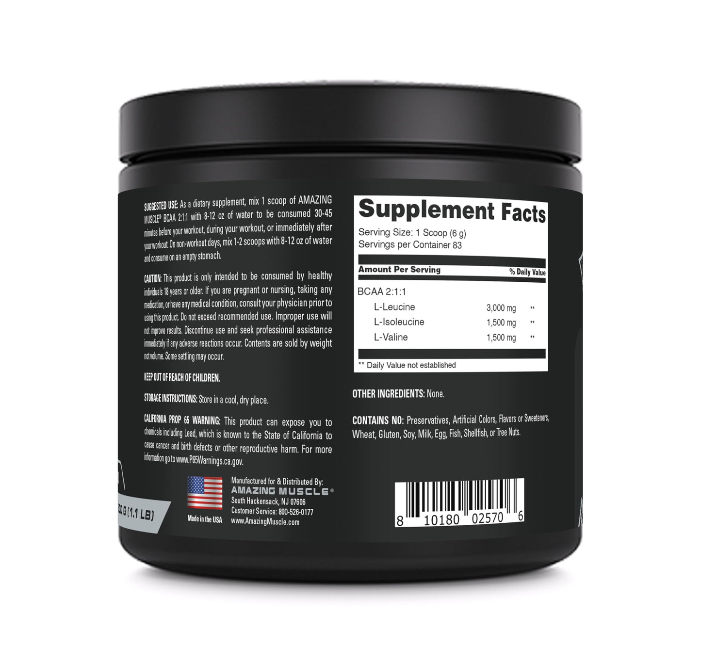 Amazing Muscle BCAA Amino Supplement | 2:1:1 Branched Chain Amino Acid Ratio | Unflavored | Net Weight 500 Grams (1.1 Lb) | Non-GMO | Gluten-Free | Made in USA