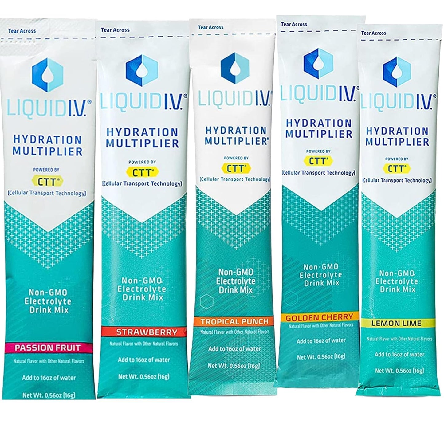 Liquid IV Hydration Multiplier Sampler Variety Pack - 30 Strawberry, 30 Passion Fruit, 30 Tropical Punch, 30 Golden Cherry, 30 Lemon Lime - 150 total servings