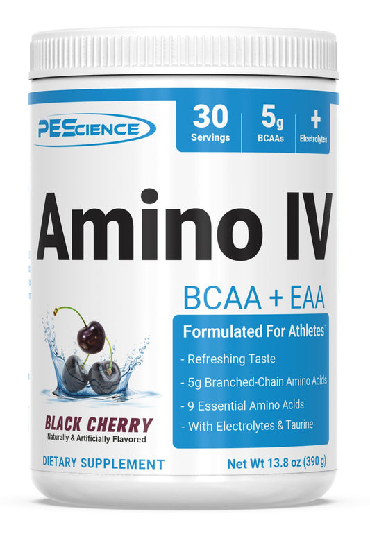 PEScience Amino IV BCAA & EAA Powder, Black Cherry, 60 Scoop, Essential Amino Acids, Taurine, Electrolytes for Hydration and Muscle Recovery, Sugar Free for Men & Women, Post Workout