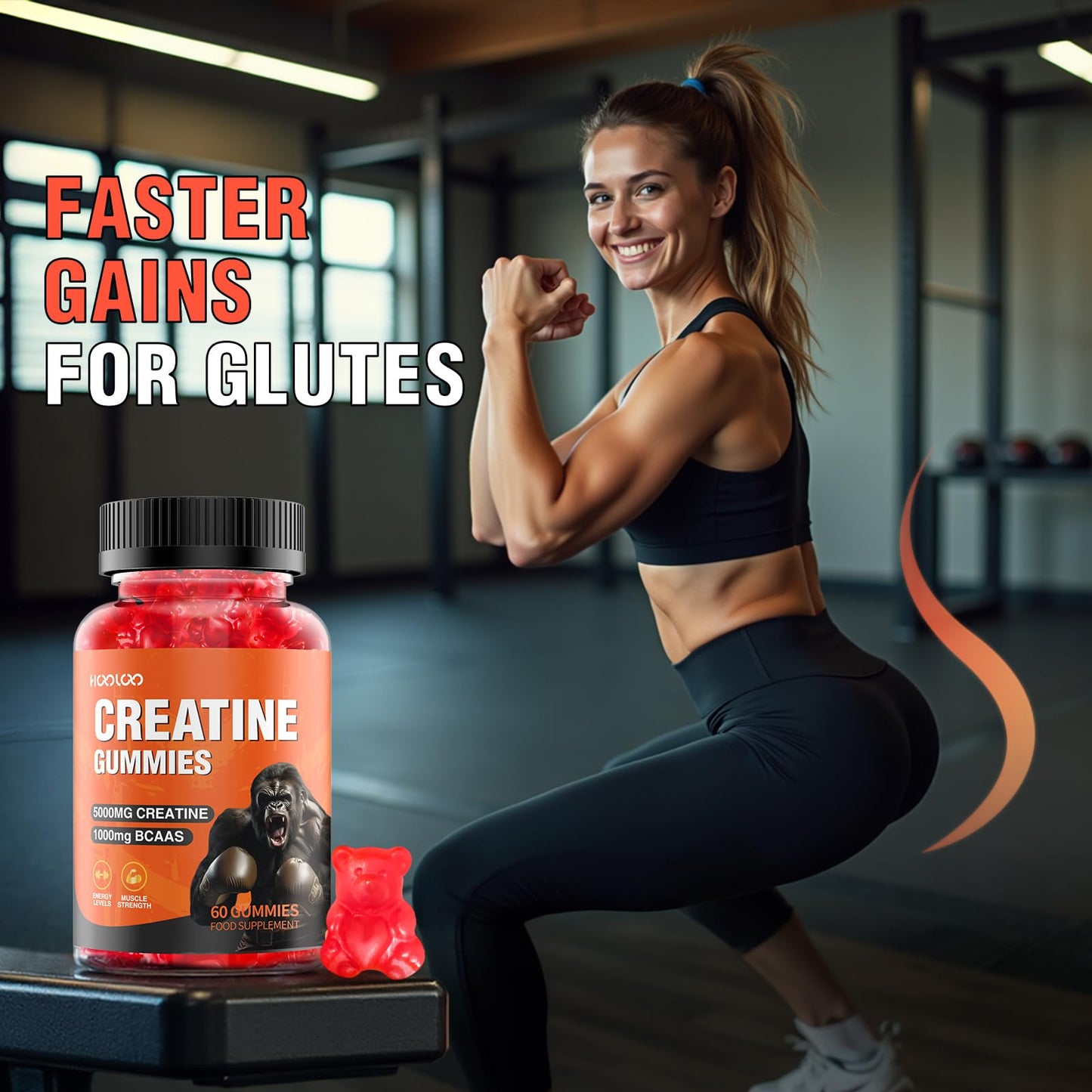 HOOLOO Creatine Gummies 5000mg Creatine Monohydrate, 1000mg BCAAs per Serving - Chewable Vegan Sugar Free Gummies, Strawberry Flavour (1 Month Supply)
