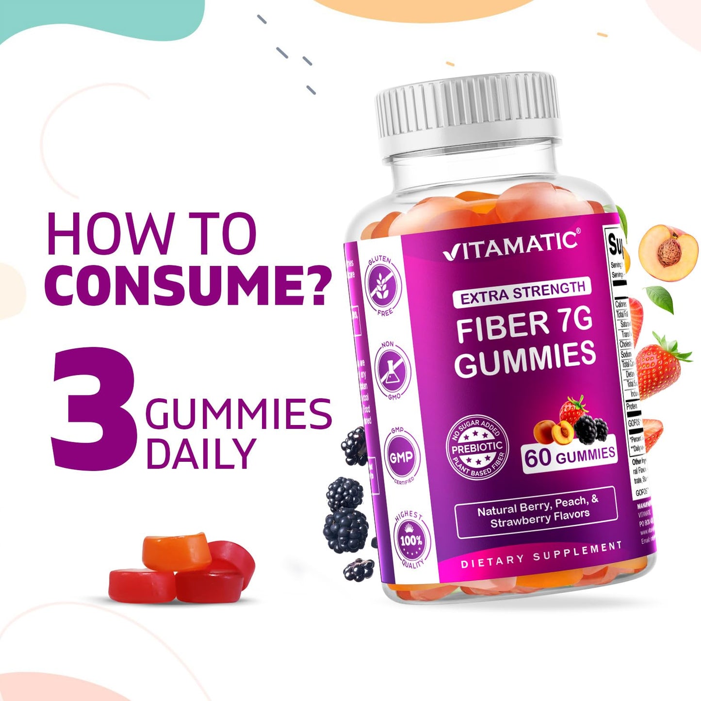 Vitamatic Prebiotic Fiber Gummies for Adults - 7G Fiber Extra Strength - Zero Sugar Added - 60 Pectin Based Gummies - Digestive Health & Regularity Support