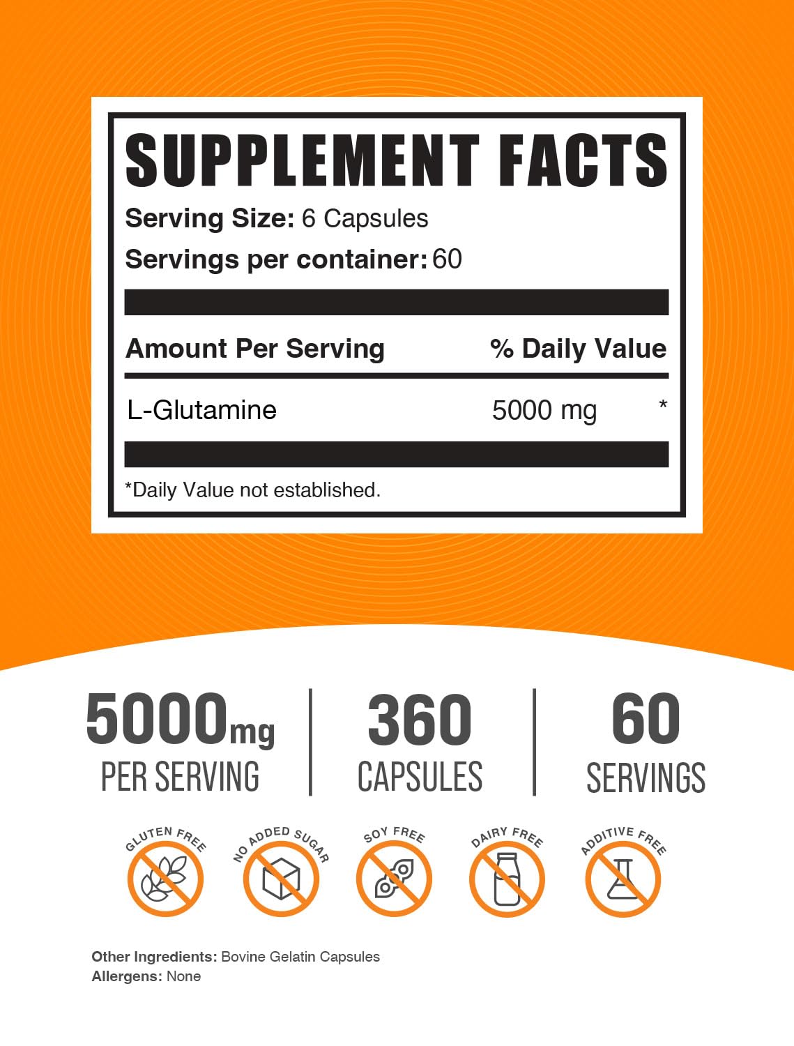 BulkSupplements.com L-Glutamine Capsules - Glutamine Supplement, Amino Acid Supplement - Gluten Free, 6 Capsules per Serving (5000mg), 360 Count (Pack of 1)