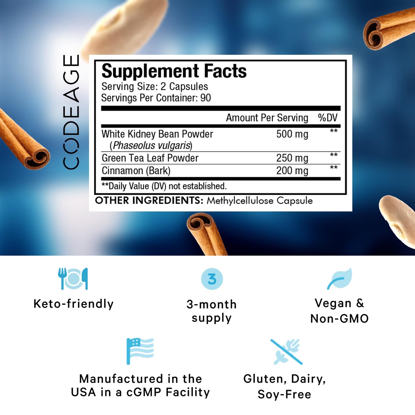 Codeage Keto Carb, White Kidney Bean, Green Tea & Cinnamon Bark Supplement, Triple Action Keto Cheat Vegan Pills, Ketogenic, Low Carb Diet Sugar, 3 Months Supply, Non-GMO, Gluten-Free, 180 Capsules