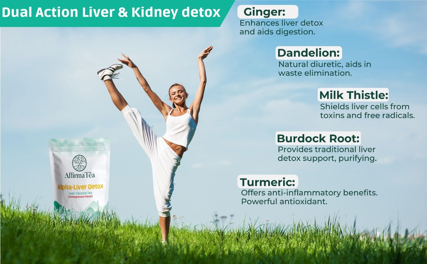AffirmaTea Organic 14-Day Detox: Supports Liver and Kidney Health with Potent Silymarin from Milk Thistle Seed, Dandelion & Burdock. Natural Pomegranate Flavor.