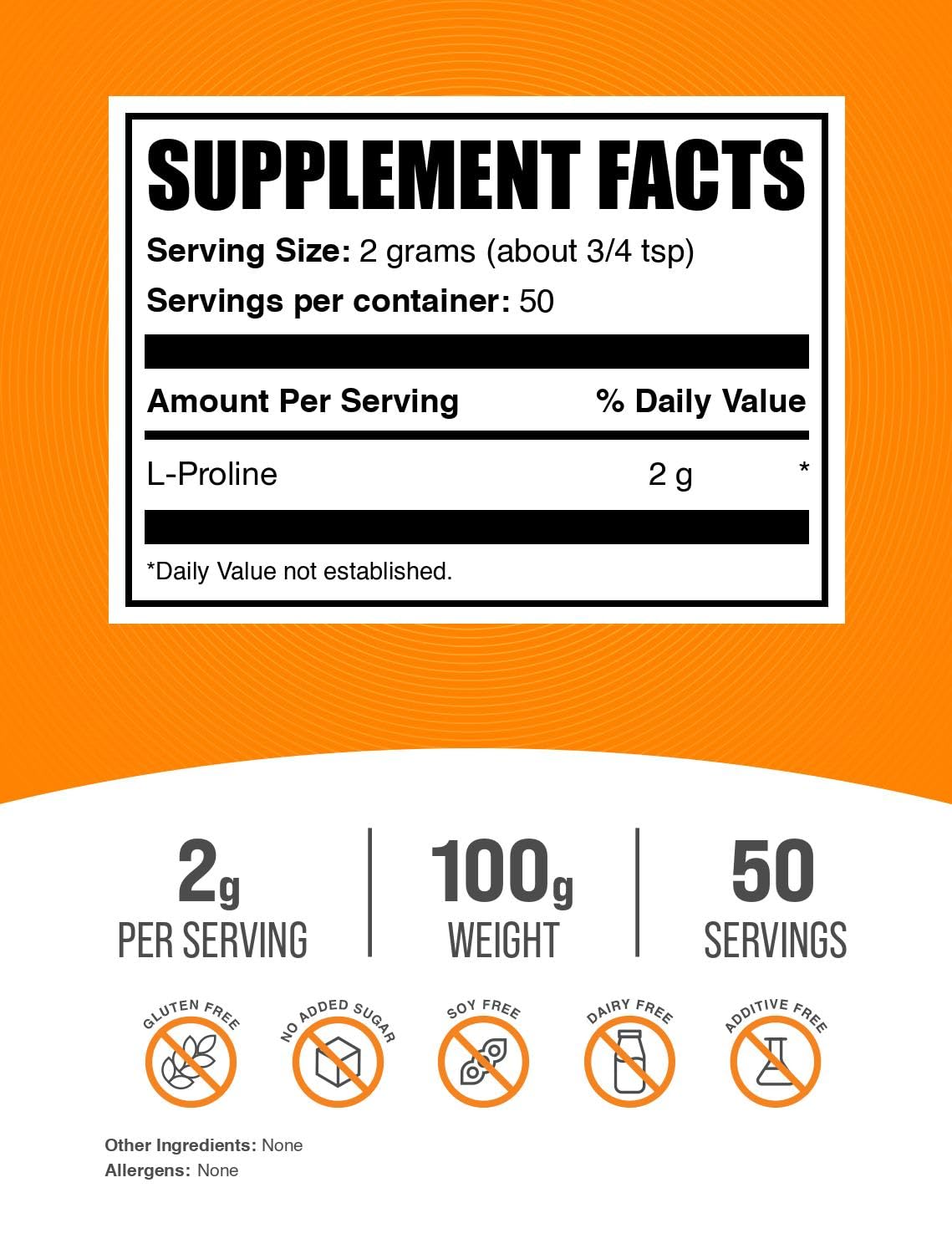 BulkSupplements.com L-Proline Powder - Proline Supplements, Amino Acid Powder - Unflavored & Gluten Free, 2g per Serving, 100g (3.5 oz) (Pack of 1)