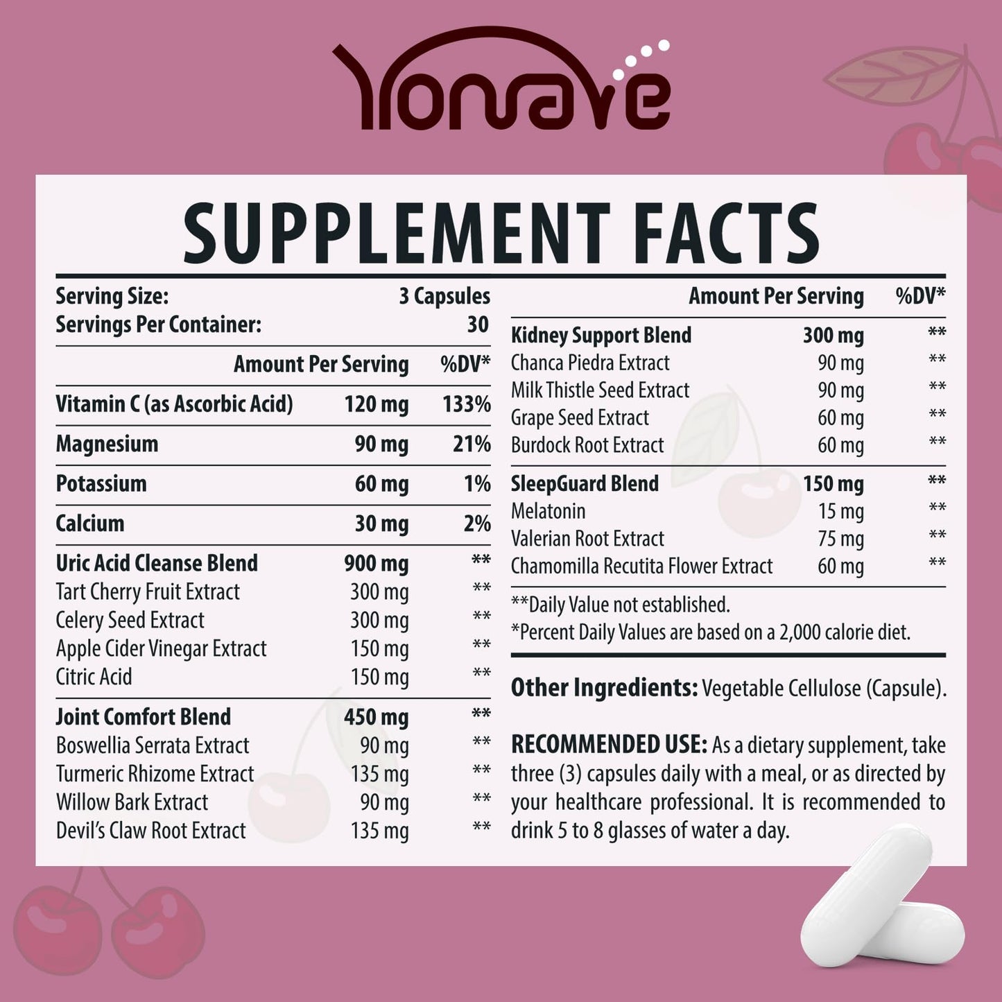 Yonrave Uric Acid Cleanse & Detox - Tart Cherry Capsules, Celery Seed Uric Acid Supplement -Joint, Kidney and Sleep - 90 Veggie Capsules（2 Bottle）