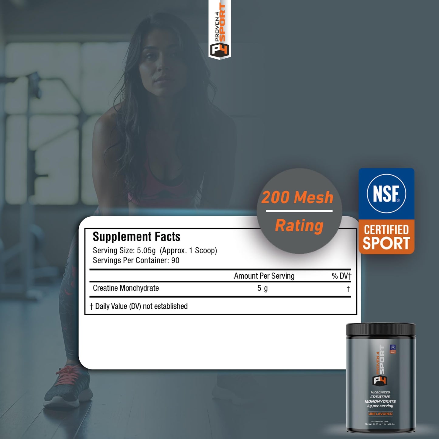 Proven4 Creatine Monohydrate Micronized Powder - NSF Certified for Sport® Supports Muscle Strength, Performance & Recovery from Exercise, Unflavored 16 Oz - 90 Servings