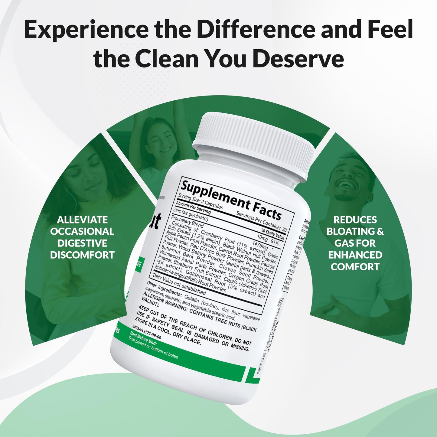 Nutracraft Black Walnut Detox Cleanse Supplement | Black Walnut, Wormwood, Clove, PAU D'Arco, Pumpkin Seed, Garlic, Zinc | Intestinal Guard for Humans | 60 Capsules
