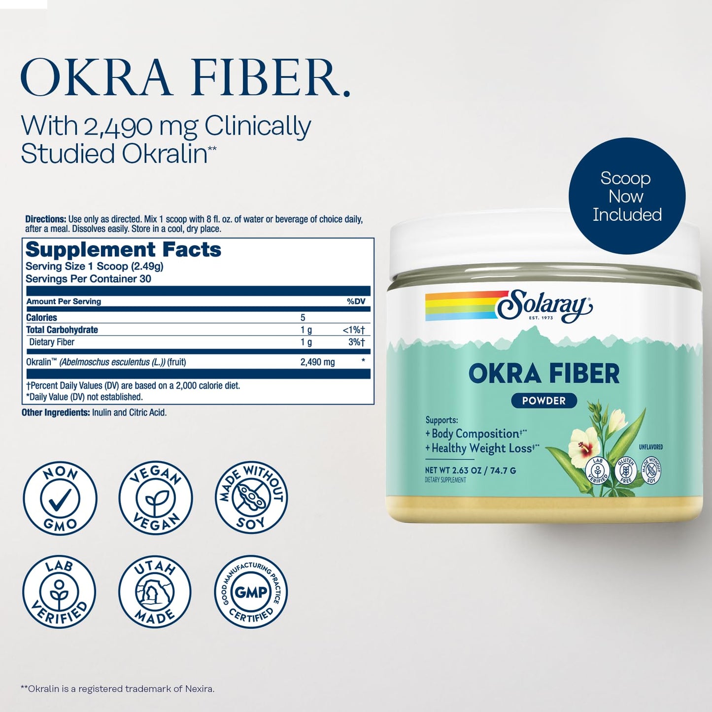 SOLARAY Okra Fiber Powder - Digestion Supplement - Supports Body Composition and Healthy Digestion - Helps Reduce Fat and Calorie Absorption - Unflavored, Gluten Free, Vegan - 30 Servings, 2.63oz