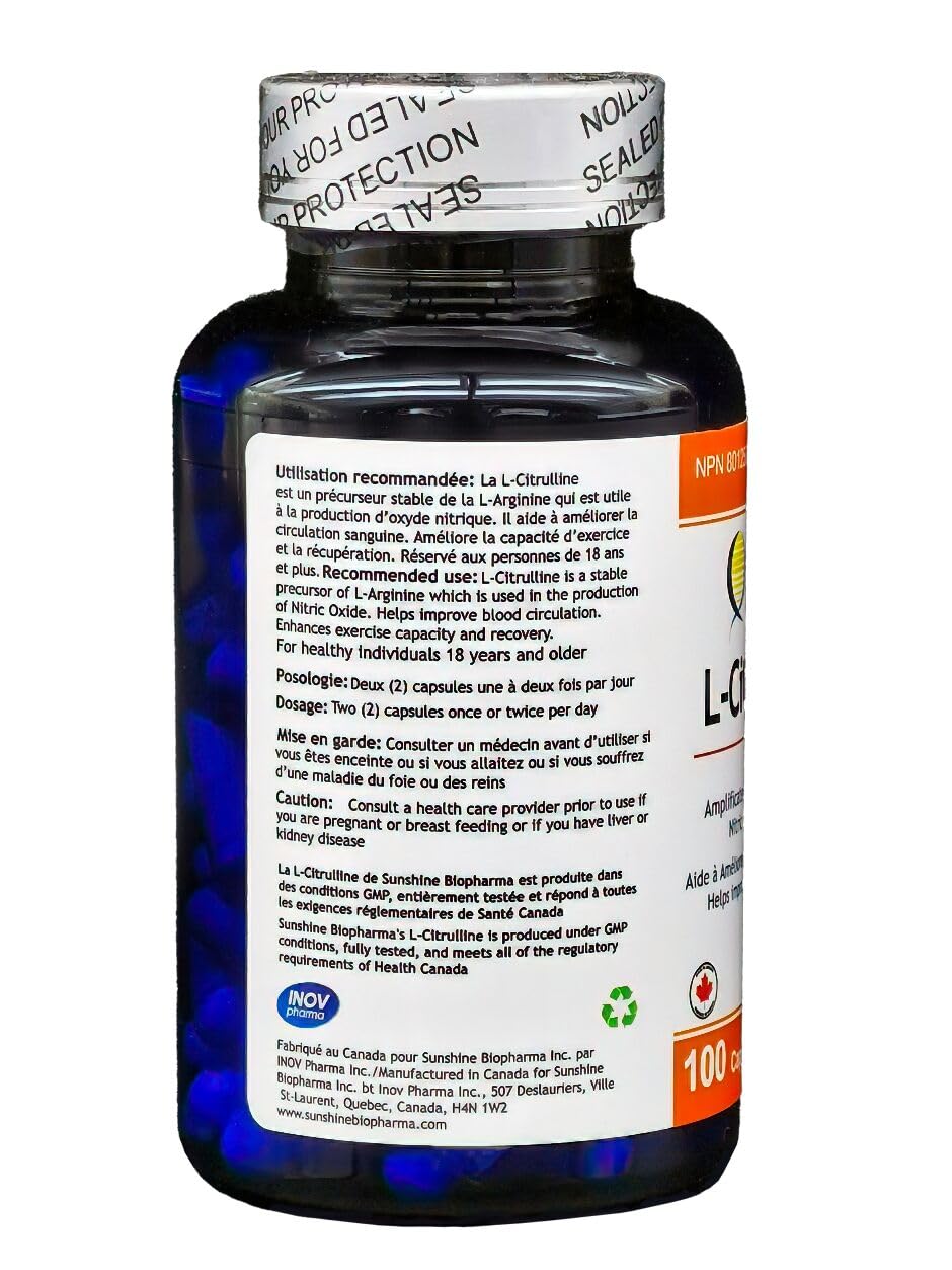 Sunshine Biopharma Citrulline 100 Capsules, Workout Supplement. Increase Blood Flow to Muscles to Enhance Exercise Performances. Vegan Certified