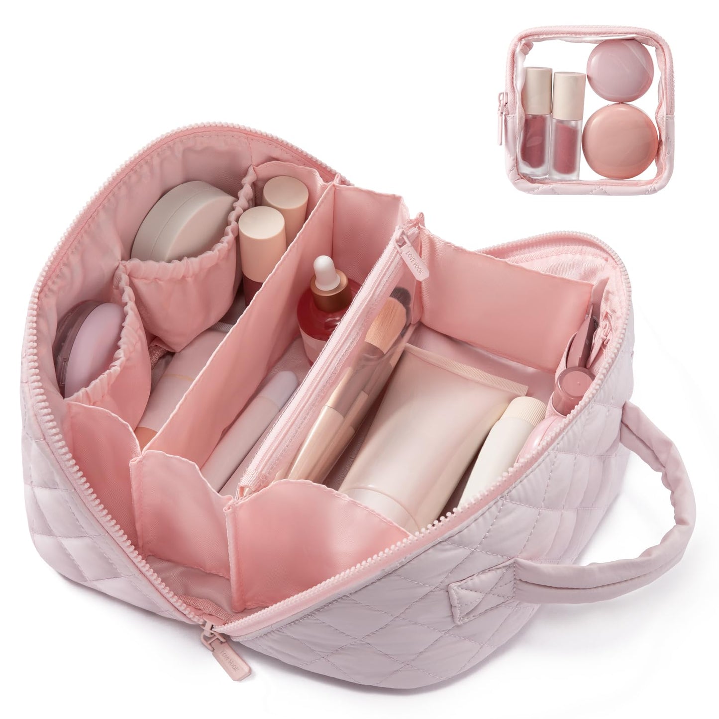 LOVEVOOK Travel Makeup Bag for Women, 2Pcs Set Puffer Waterproof Cosmetic Organizer, Large Capacity Pouch Open Flat Toiletry Bag with Divider & Handle, Portable Gift for Her, Pink