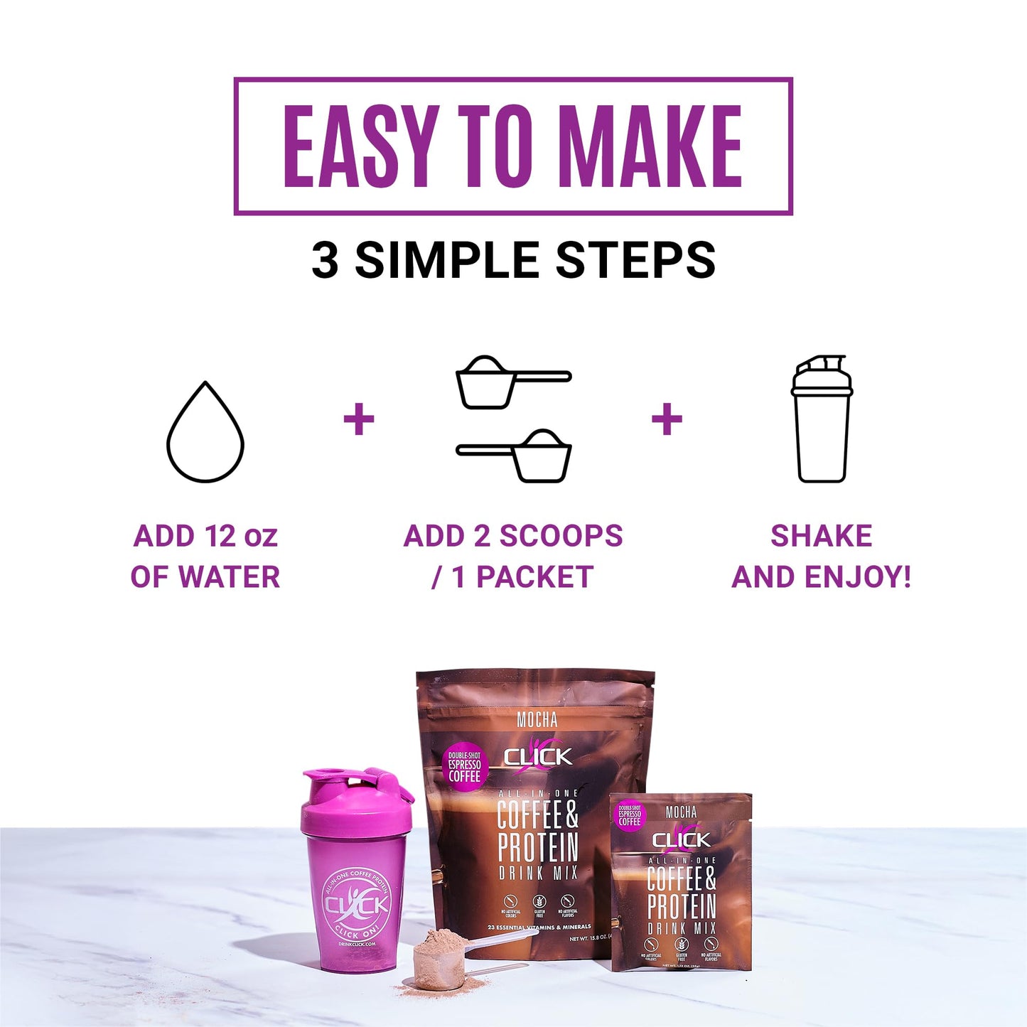 Click Coffee Protein, Protein & Real Coffee All-in-One, Meal Replacement Nutrition Drink, Mocha Flavor, 23 Essential Vitamins, Double Shot Espresso Coffee, Hot or Cold, 15.8-Ounce