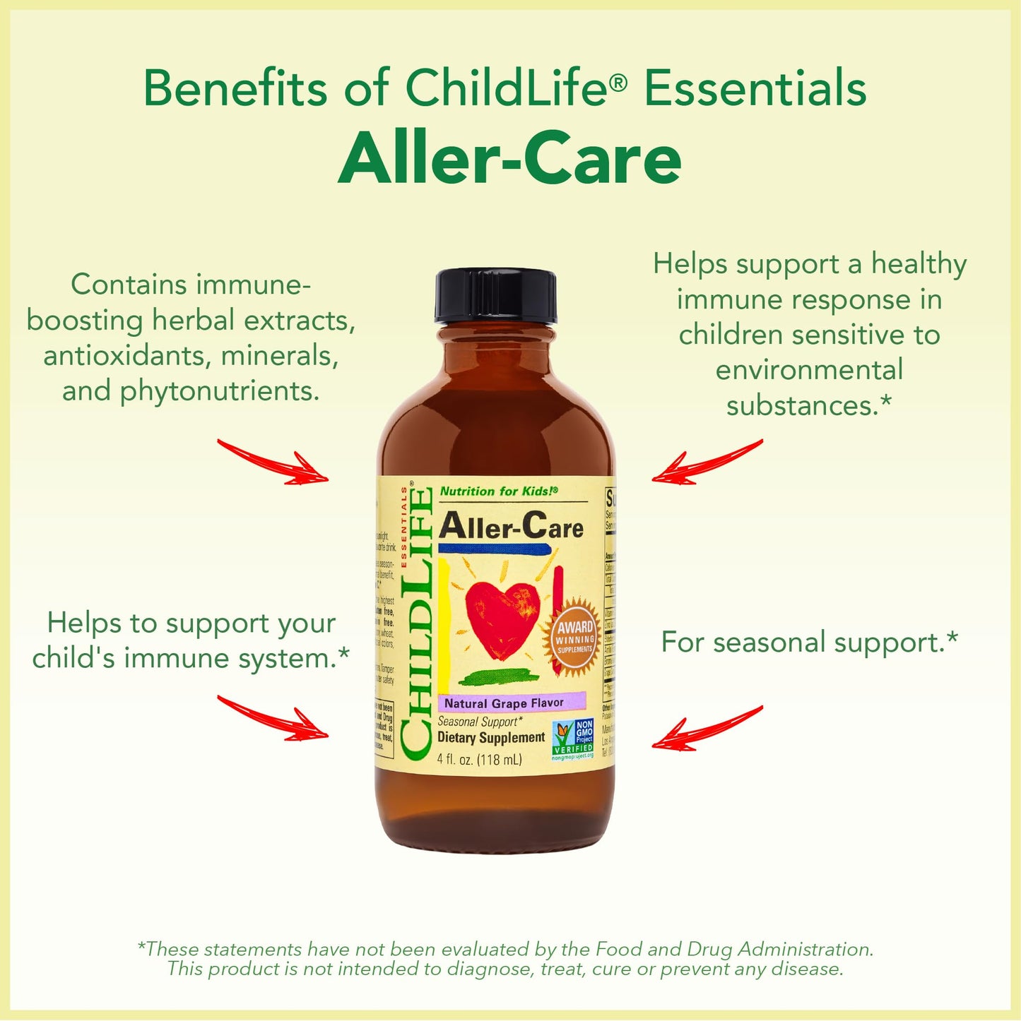 CHILDLIFE ESSENTIALS Aller-Care - Natural Grape Relief for Kids & Toddlers, Seasonal Support with Elderberry, Bromelain, Vitamin C - Immune Boosting Formula, 4 Fl Oz