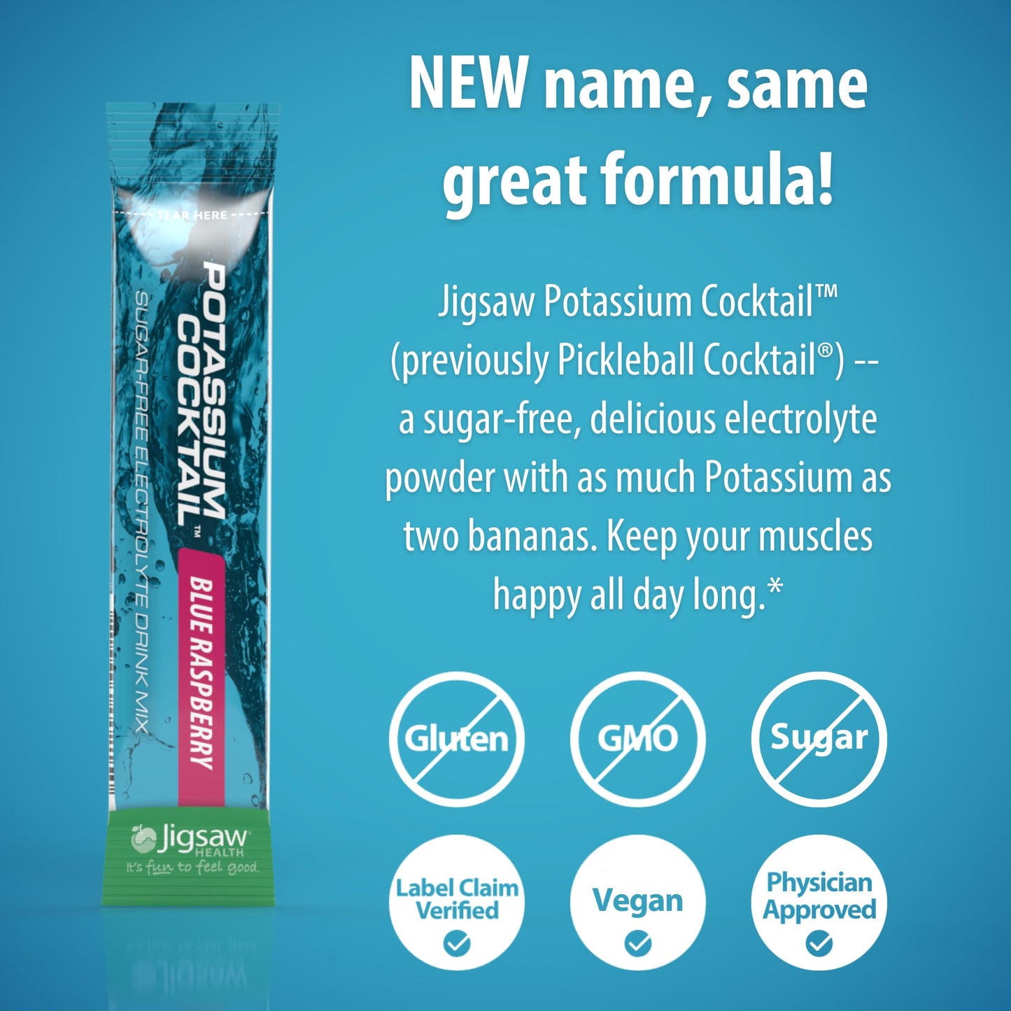 Jigsaw Health Potassium Cocktail | Formerly Pickleball Cocktail | Blue Raspberry Flavor | 60 Servings (Packets)