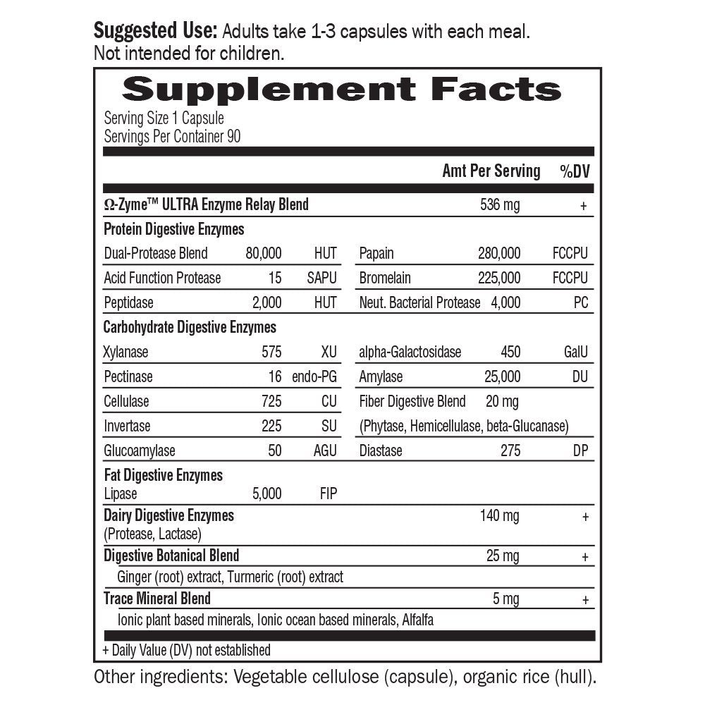 Garden of Life 21 Powerful Digestive Enzymes with Papain, Bromelain, Lipase, Ginger, Turmeric for Complete Digestion of Protein, Carbs & Fats - Omega-Zyme Ultra, Gluten-Free, Vegetarian, 90 Capsules