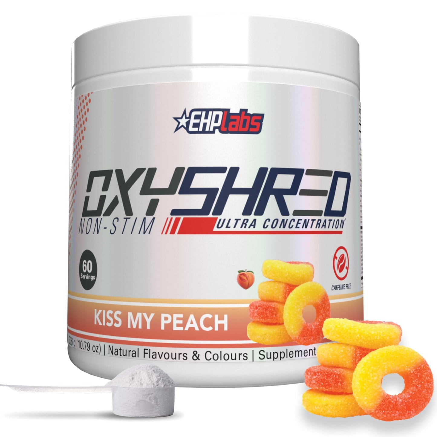 EHP Labs OxyShred Non Stimulant Pre Workout Powder - Stim Free Pre Workout, Caffeine Free Preworkout for Men & Women with L Glutamine & Acetyl L Carnitine - Peach, 60 Servings