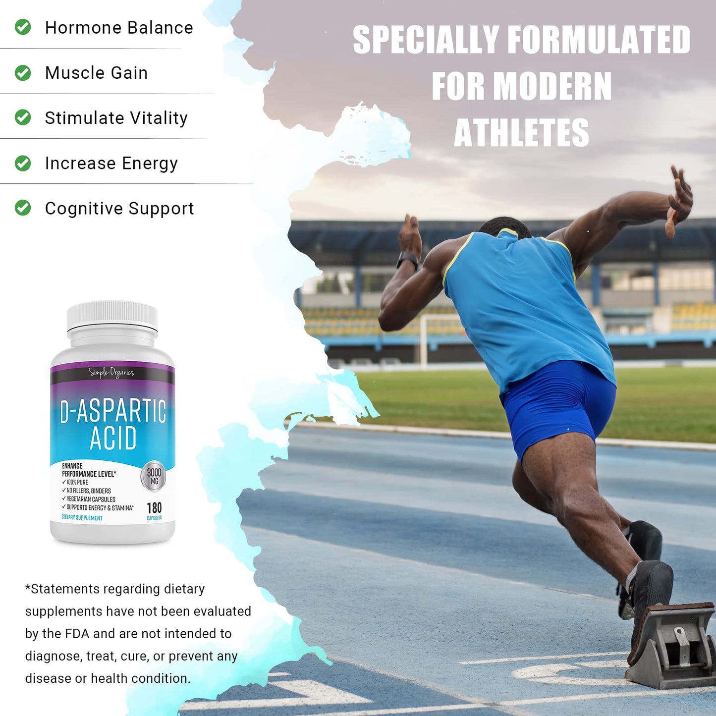 Simple-Organics D-Aspartic Acid Supplement, No Gluten, Binders or Fillers, Dietary Pills for Energy Support, 3000mg D-Aspartic Acid per Serving, 180 Non-GMO Vegan Capsules