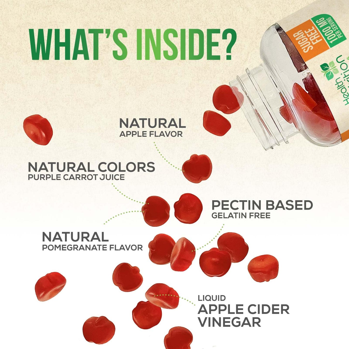 Vegan Apple Cider Vinegar Gummies | Max Strength 1000mg | Sugar Free ACV Supplement Gummy Vitamins Supports Digestion, Metabolism, Natural Apple Flavor with Mother, Non-GMO, Gluten Free - 60 Gummies