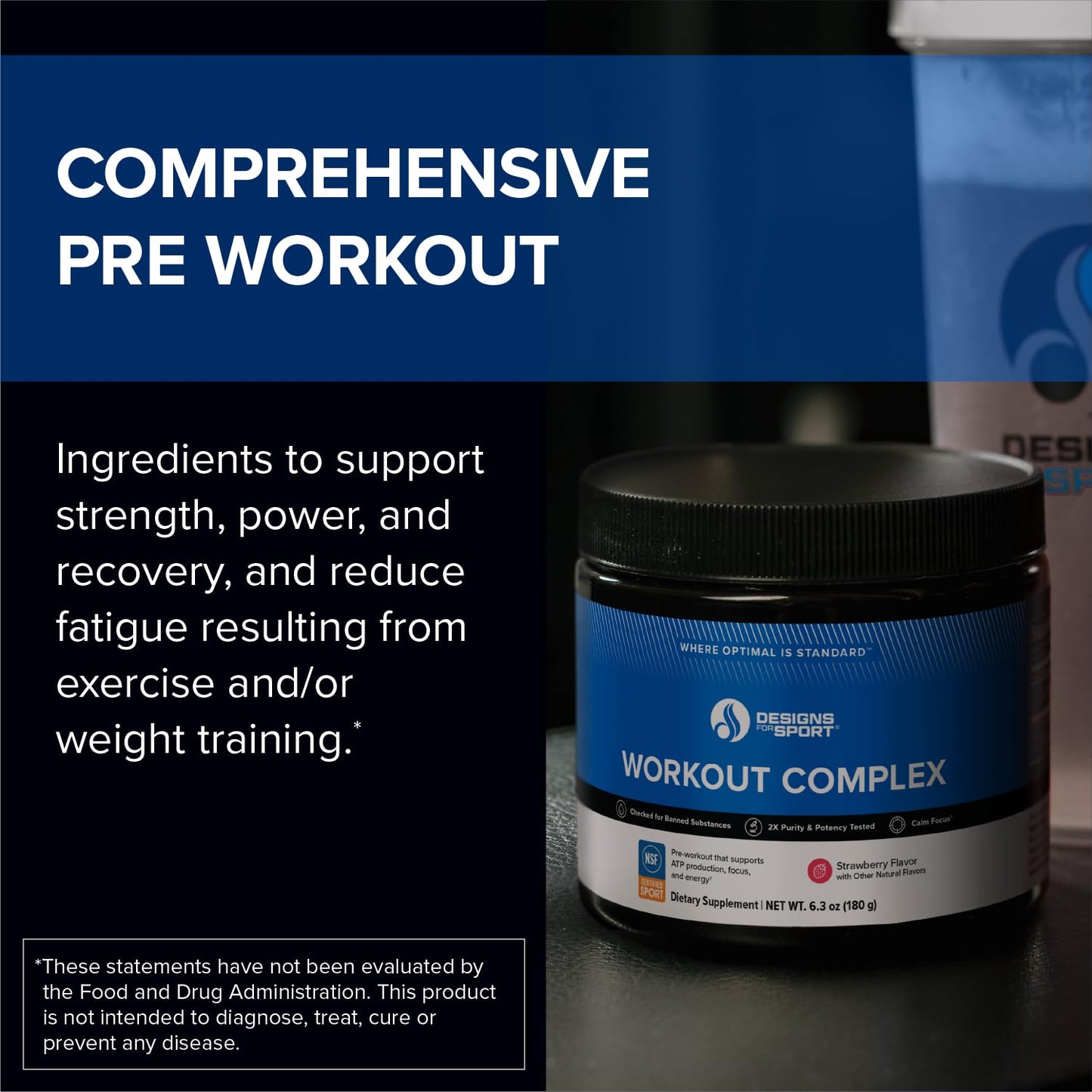 Designs for Sport Workout Complex - NSF Certified for Sport Pre Workout Powder - L-tyrosine, Acetyl L-Carnitine, Creatine & Caffeine to Support Workout Recovery, Energy and Focus (6.3 oz)