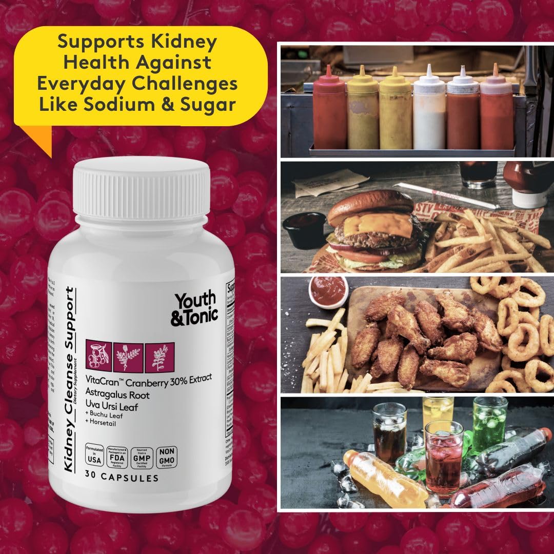 Youth & Tonic Kidney Cleanse & Detox Supplement with Cranberry Extract - Supports Urinary Tract Health, Bladder and Kidney Health - Vegan, Non-GMO - 30 Vegetarian Pills