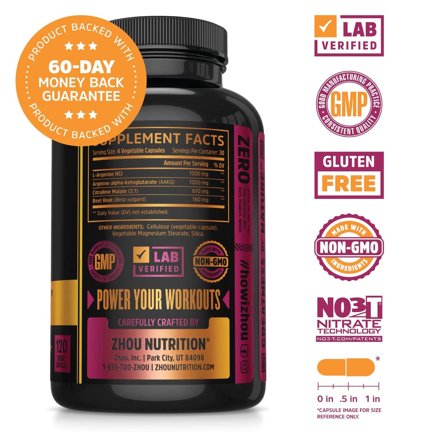 Zhou N.O. Pro - Premium Nitric Oxide Supplement for Men & Women, Heart, Muscle & Blood Support with Beet Root & L Arginine, Natural Nitric Oxide Booster - 120 Veggie Capsules