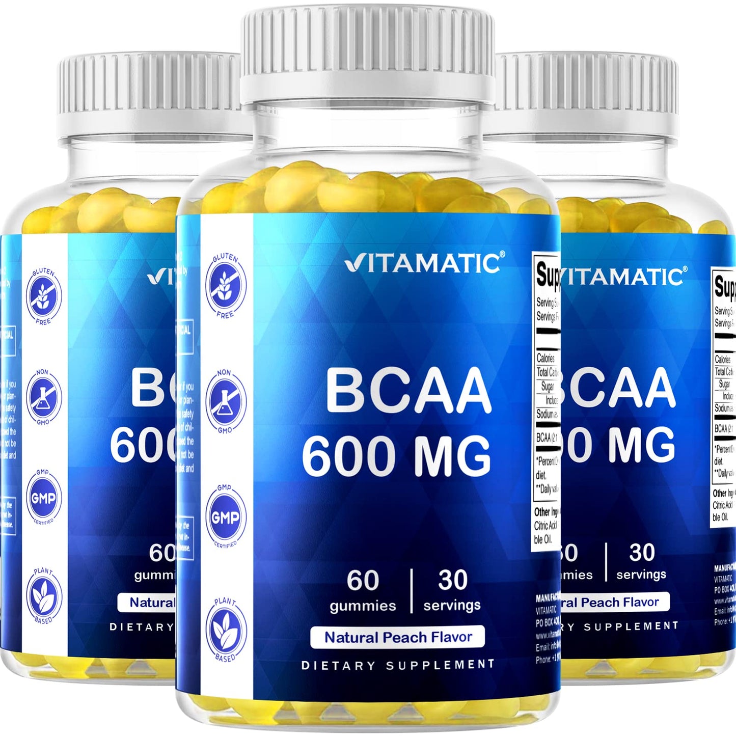 Vitamatic BCAA Gummies - Branch Chain Amino Acid Supplements - Peach Flavor - 600mg per Serving - 60 Vegan Pectin Based Gummies (3 Bottles)