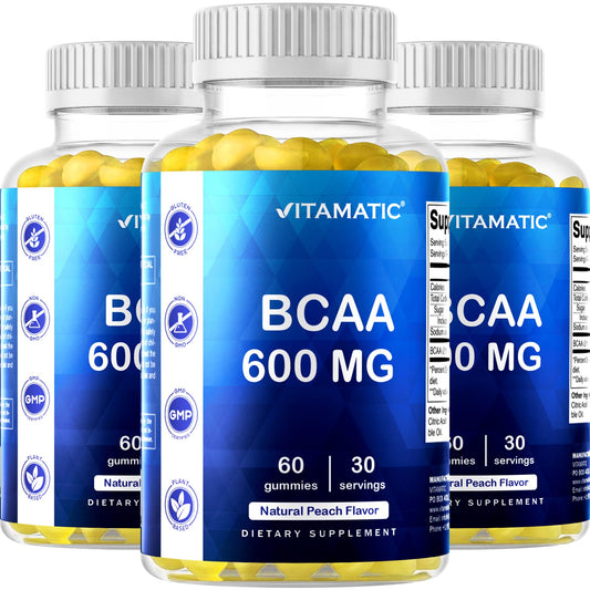 Vitamatic BCAA Gummies - Branch Chain Amino Acid Supplements - Peach Flavor - 600mg per Serving - 60 Vegan Pectin Based Gummies (3 Bottles)