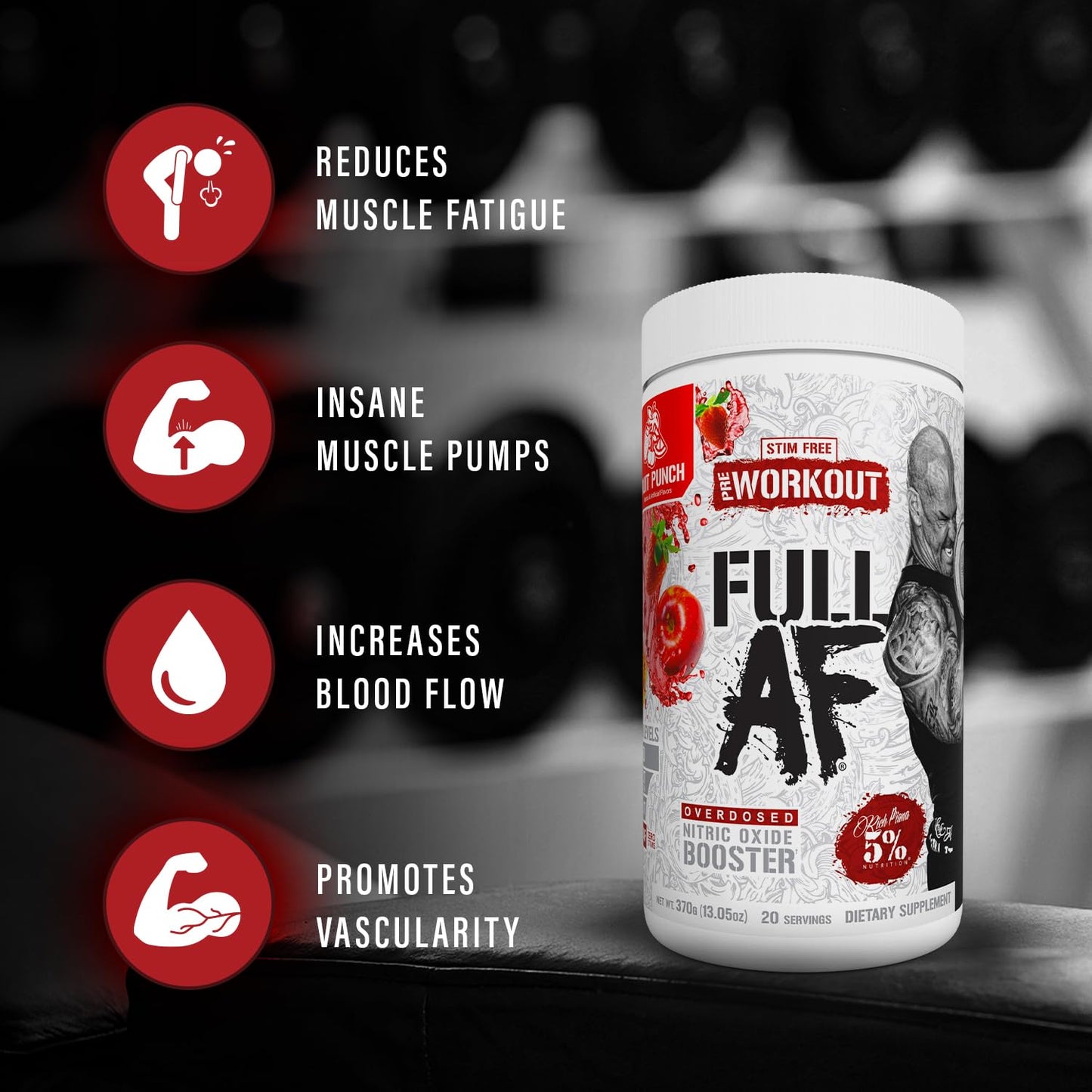 5% Nutrition FullAF Pre-Workout | Stim-Free with Massive Pumps | L-Citrulline, L-Taurine, Nitrosigine, GlycerSize (Fruit Punch)