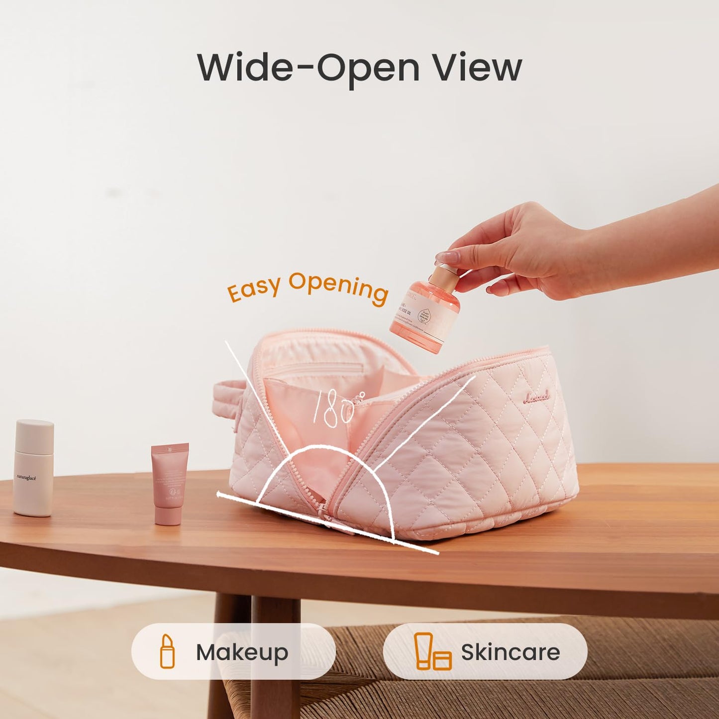 LOVEVOOK Travel Makeup Bag for Women, 2Pcs Set Puffer Waterproof Cosmetic Organizer, Large Capacity Pouch Open Flat Toiletry Bag with Divider & Handle, Portable Gift for Her, Pink