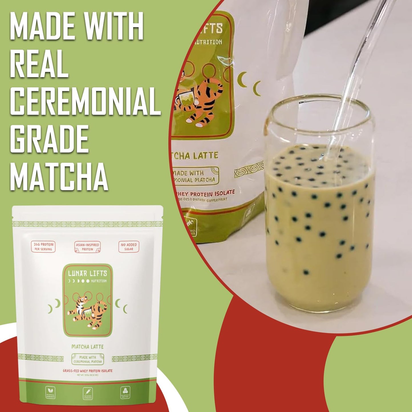 Lunar Lifts Nutrition Matcha Latte - Boba Tea Protein Powder | 26g Whey Protein Isolate Matcha Powder | Ceremonial-Grade Matcha Bubble Tea Protein Powder | No Added Sugar & Artificial Ingredients