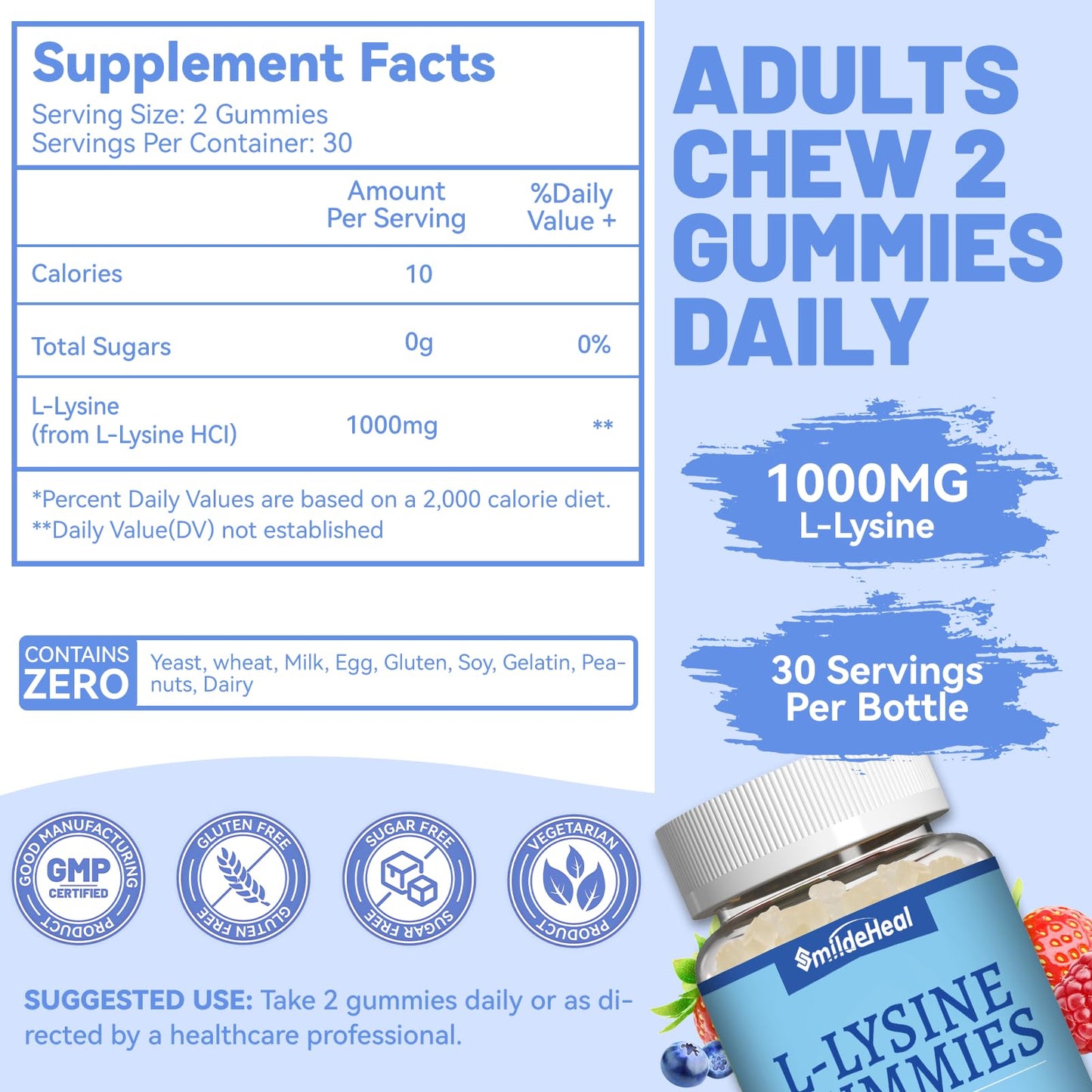 2 Pack L-Lysine 1000mg Gummies, Chewable Lysine Supplement for Adults, Immune Support, Collagen Formation Support, Non-GMO, Vegan, Gluten Free - 120 Counts