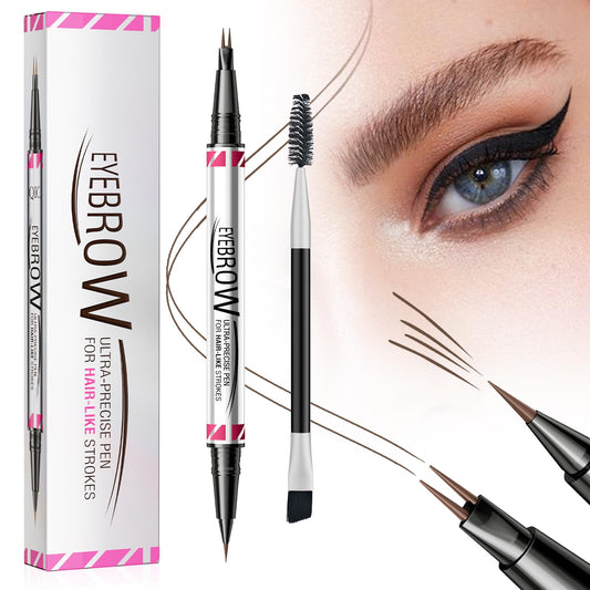 Eyebrow Pen, Brow Pencil 2-in-1 Dual-Ended Microblading Eyebrow Pencil with Micro-Fork-Tip & Precise Brush-Tip Crease Natural Hair-Like Brows, Last All-Day (Brown)