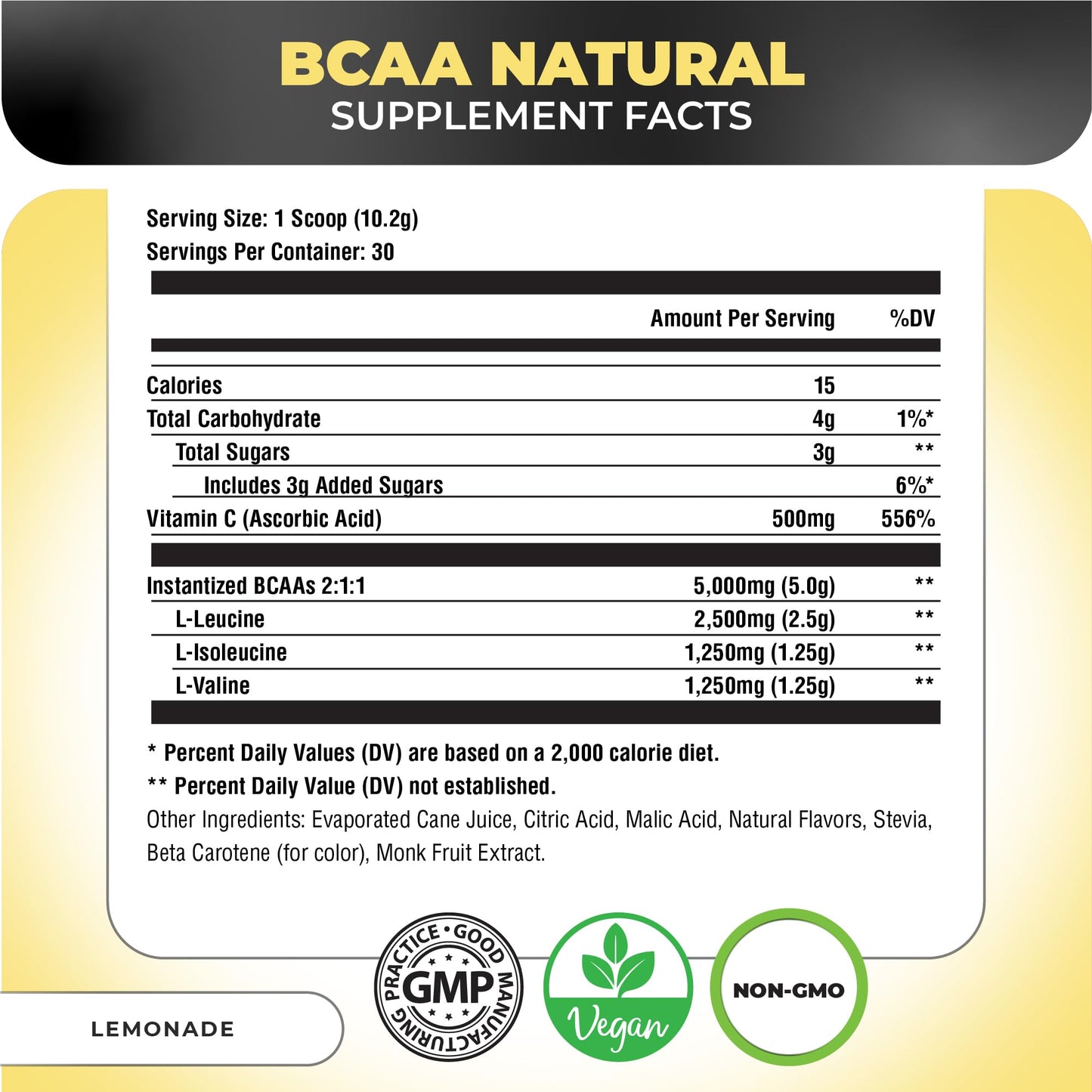Nutrology BCAA Natural - Plant Based BCAA Powder, Lemonade Flavor, Optimized 2:1:1 Ratio Amino Acids Powder for Pre Workout & Post Workout Recovery, Vegan, Gluten-Free, Non-GMO, 30 Servings