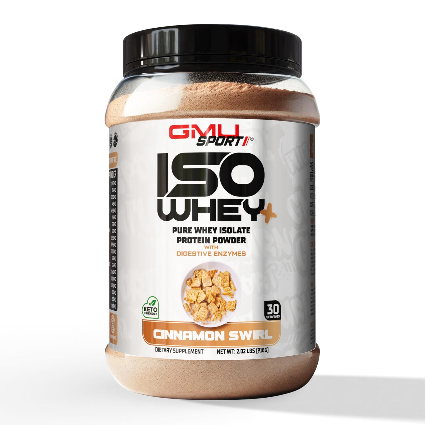 GMU SPORT - 100% Whey Protein Isolate Powder - 2 LB Whey Isolate Protein Powder with Collagen Peptides, Digestive Enzymes & BCAAs - Protein Powder with 30 Servings - Cinnamon Swirl