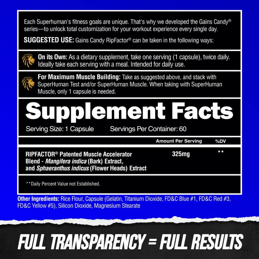 ALPHA LION Gains Candy, Supplement Pills for Muscle Growth, Size, & Strength, Nitric Oxide Booster, Muscle Builder, Use Daily to Upgrade Energy & Workout Performance, 60 Capsules (RipFACTOR®)