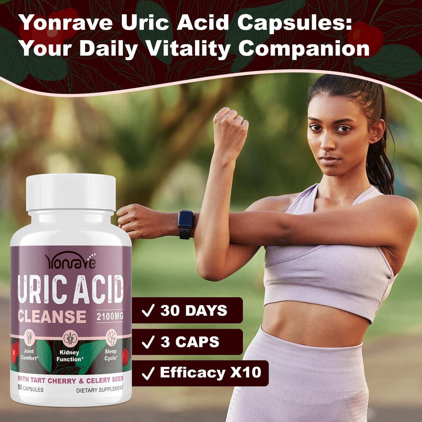 Yonrave Uric Acid Cleanse & Detox - Tart Cherry Capsules, Celery Seed Uric Acid Supplement -Joint, Kidney and Sleep - 90 Veggie Capsules（2 Bottle）