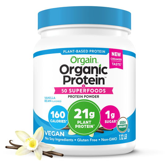 Orgain Organic Vegan Protein + 50 Superfoods Powder, Vanilla Bean - 21g Plant Based Protein, 8g Prebiotic Fiber, No Lactose Ingredients, Gluten Free, No Added Sugar, 1.12 lb (Packaging May Vary)
