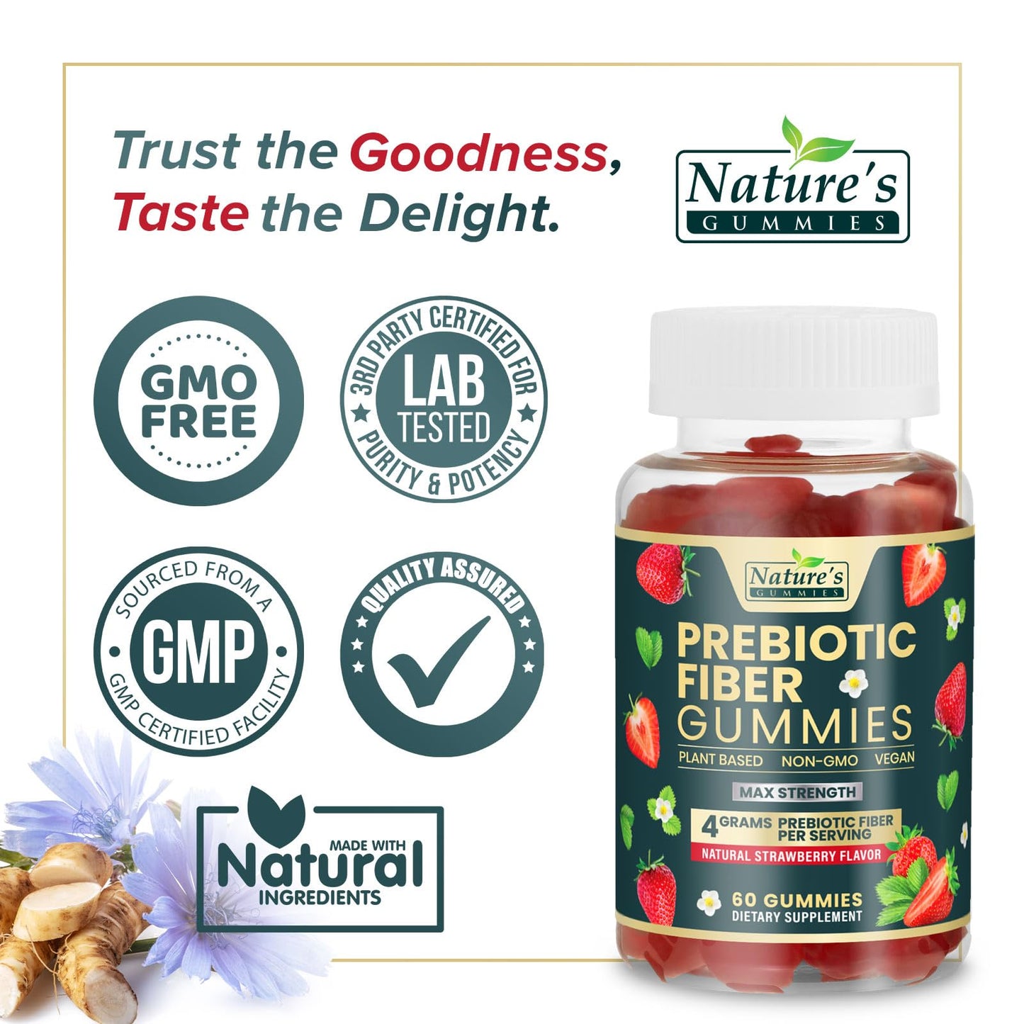 Fiber Supplement Gummies for Digestive Health & Regularity Support, Fiber 4g Gummy for Adults, Daily Prebiotic Supplements, Natural Prebiotic Fiber Gummy, Plant Based, Strawberry Flavored - 60 Gummies