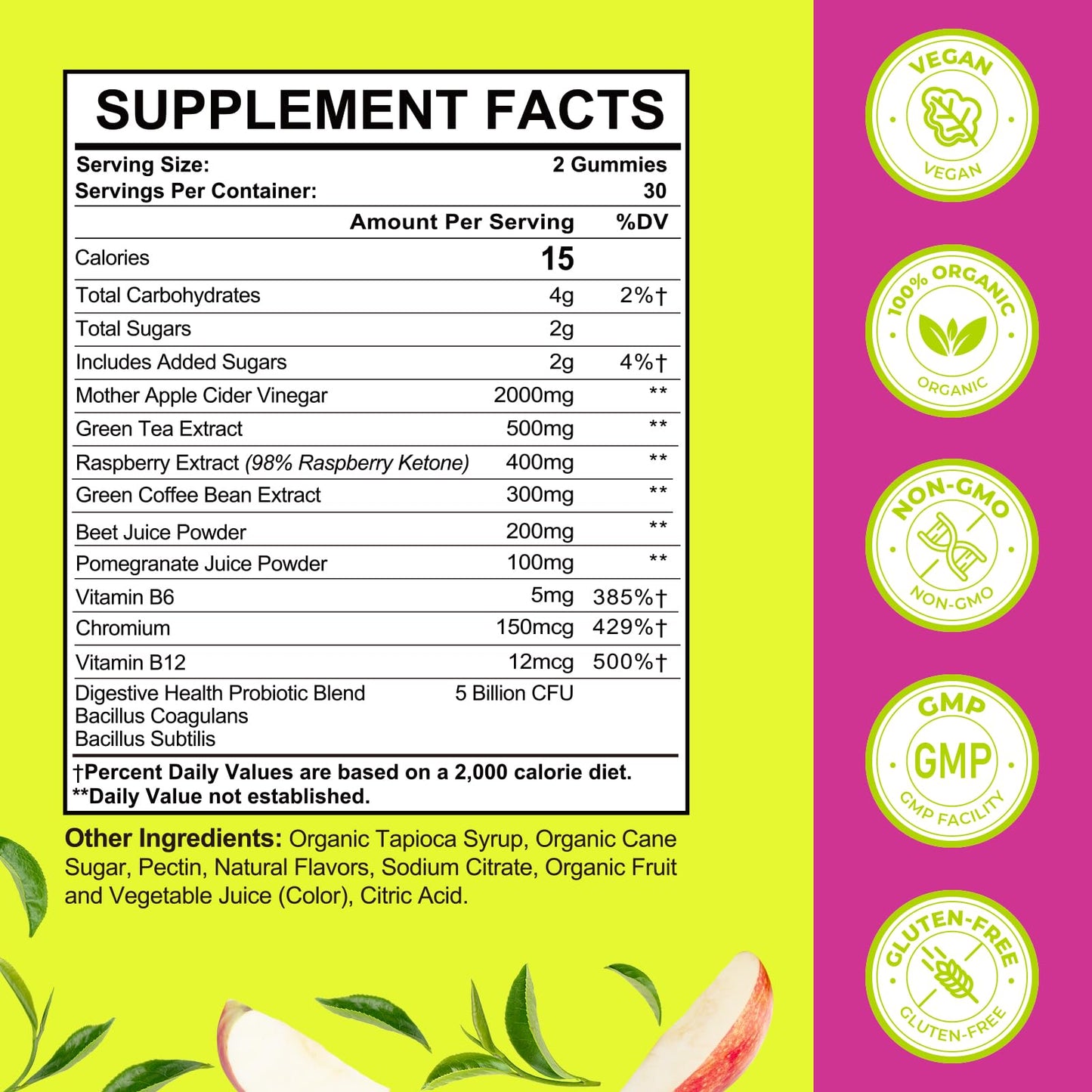 Apple Cider Vinegar Gummies, Keto ACV Gummies for Women and Men, Apple Cider Vinegar Supplement with Green Tea, B12, Probiotic for Detox Cleanse, Metabolism & Digestive Health, Vegan - 2 Months Supply