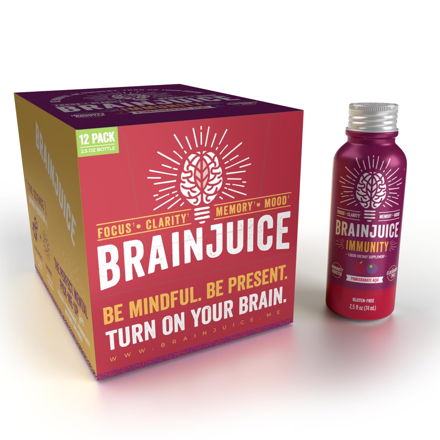 BrainJuice Brain and Immune Support Shot, Gluten Free Supplement Shots for Energy, Focus, Immunity with Vitamin D, C B, Alpha GPC & Organic Ginger Root, Pomegranate Acai, 2.5 fl oz, 12 Pack