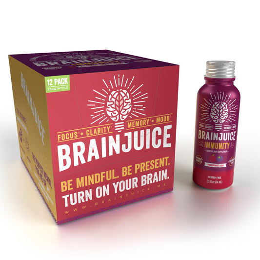 BrainJuice Brain and Immune Support Shot, Gluten Free Supplement Shots for Energy, Focus, Immunity with Vitamin D, C B, Alpha GPC & Organic Ginger Root, Pomegranate Acai, 2.5 fl oz, 12 Pack