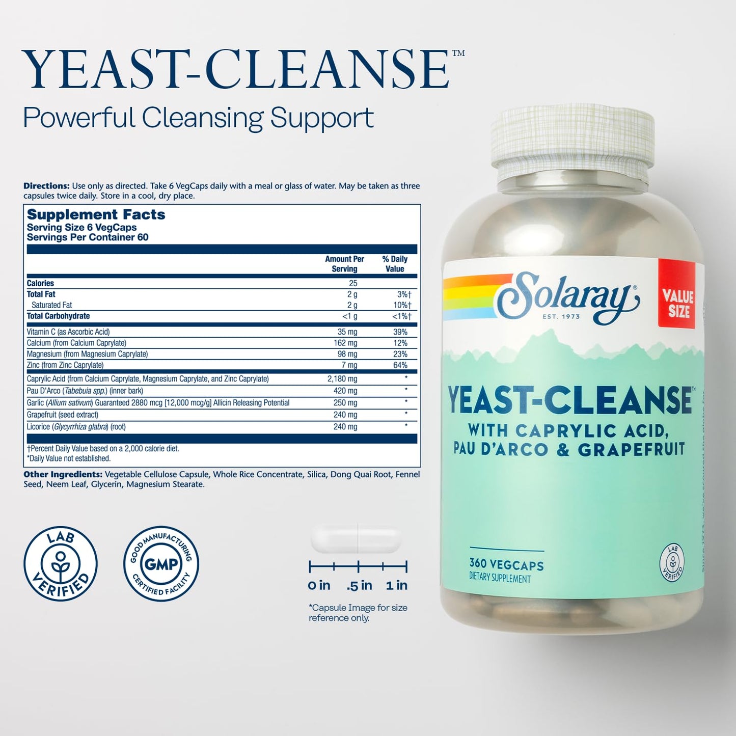 SOLARAY Yeast Cleanse, Detox Cleanse for Healthy Yeast Balance Support, with Caprylic Acid, PAU d'Arco, Licorice Root Extract and Grapefruit Seed Extract, 60-Day Guarantee, 60 Servings, 360 VegCaps