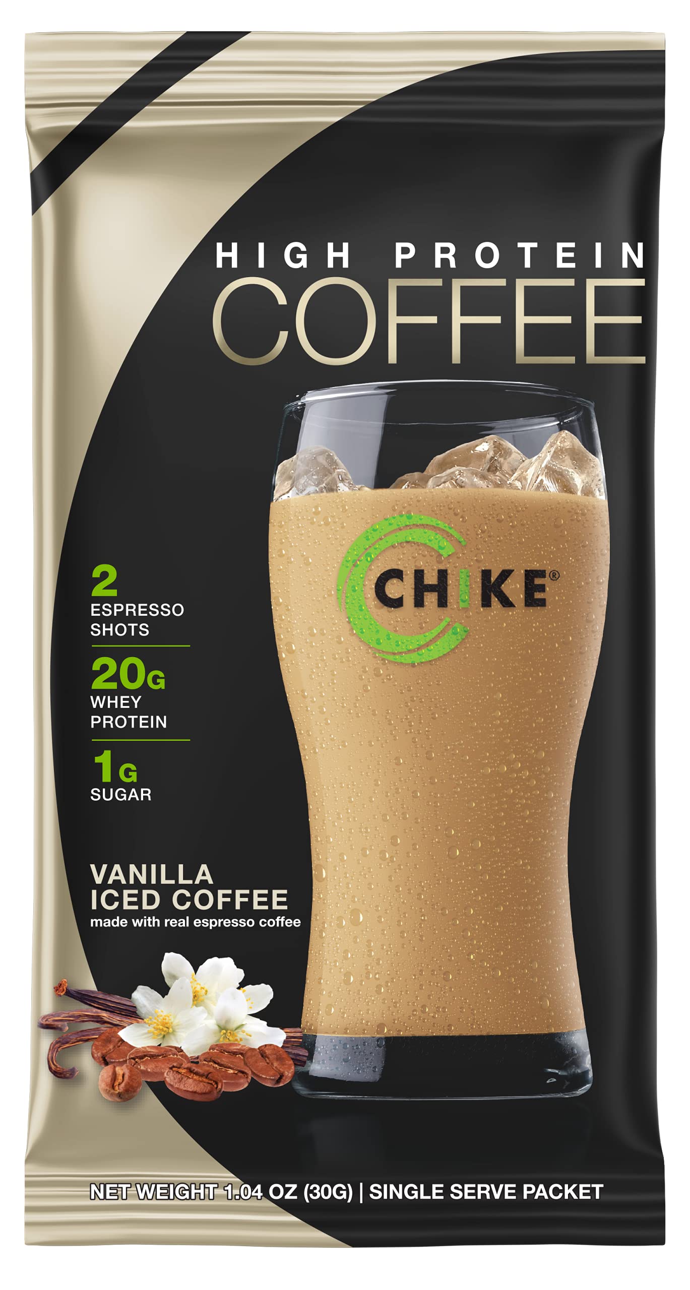 CHIKE Vanilla High Protein Iced Coffee, 20 G Protein, 2 Shots Espresso, 1 G Sugar, Keto Friendly and Gluten Free, 12 Single Serve Packets