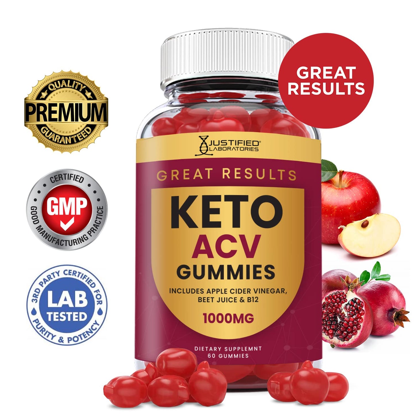 (5 Pack) Great Results Keto ACV Gummies Advanced Formula 1000MG Great Results Keto Gummies Apple Cider Vinegar Formulated with Pomegranate Beet Juice Powder B12 Vegan Non GMO 300 Gummys
