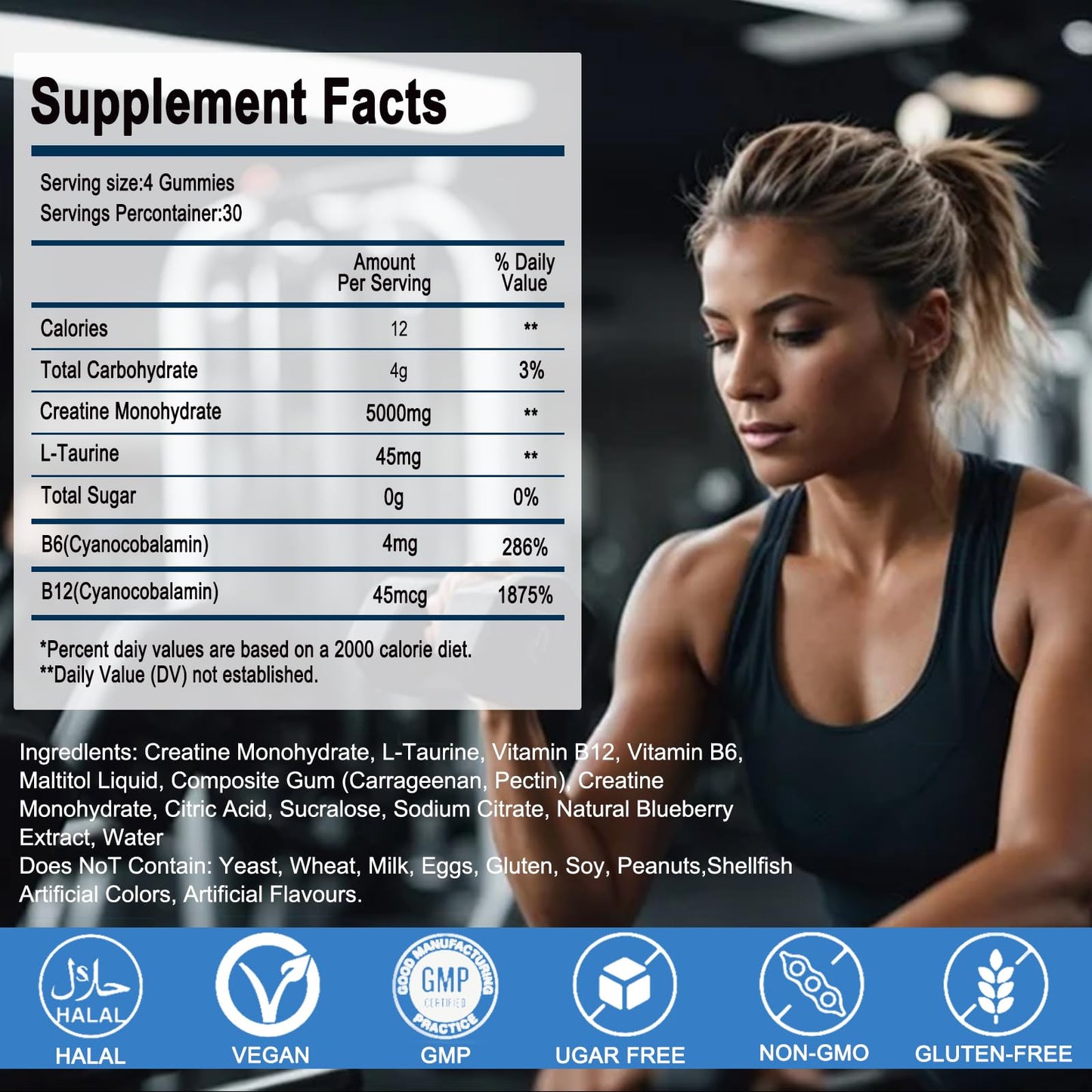 Creatine Monohydrate Gummies 5000g for Men Women, Sugar Free Chewables Creatine Pre-Workout Supplement with L-Taurine + Vitamins for Muscle Strength, Boost Energy & Endurance,120 Gummies-Blueberry