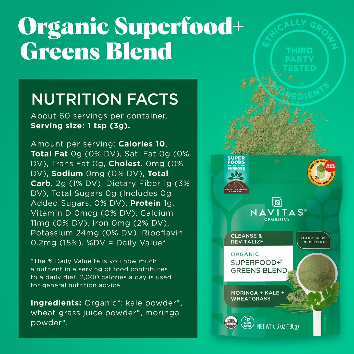 Navitas Organics Superfood+ Greens Blend for Detox Support (Moringa + Kale + Wheatgrass), 6.3oz Bag, 30 Servings - Organic, Non-GMO, Vegan, Gluten-Free, Keto & Paleo.…